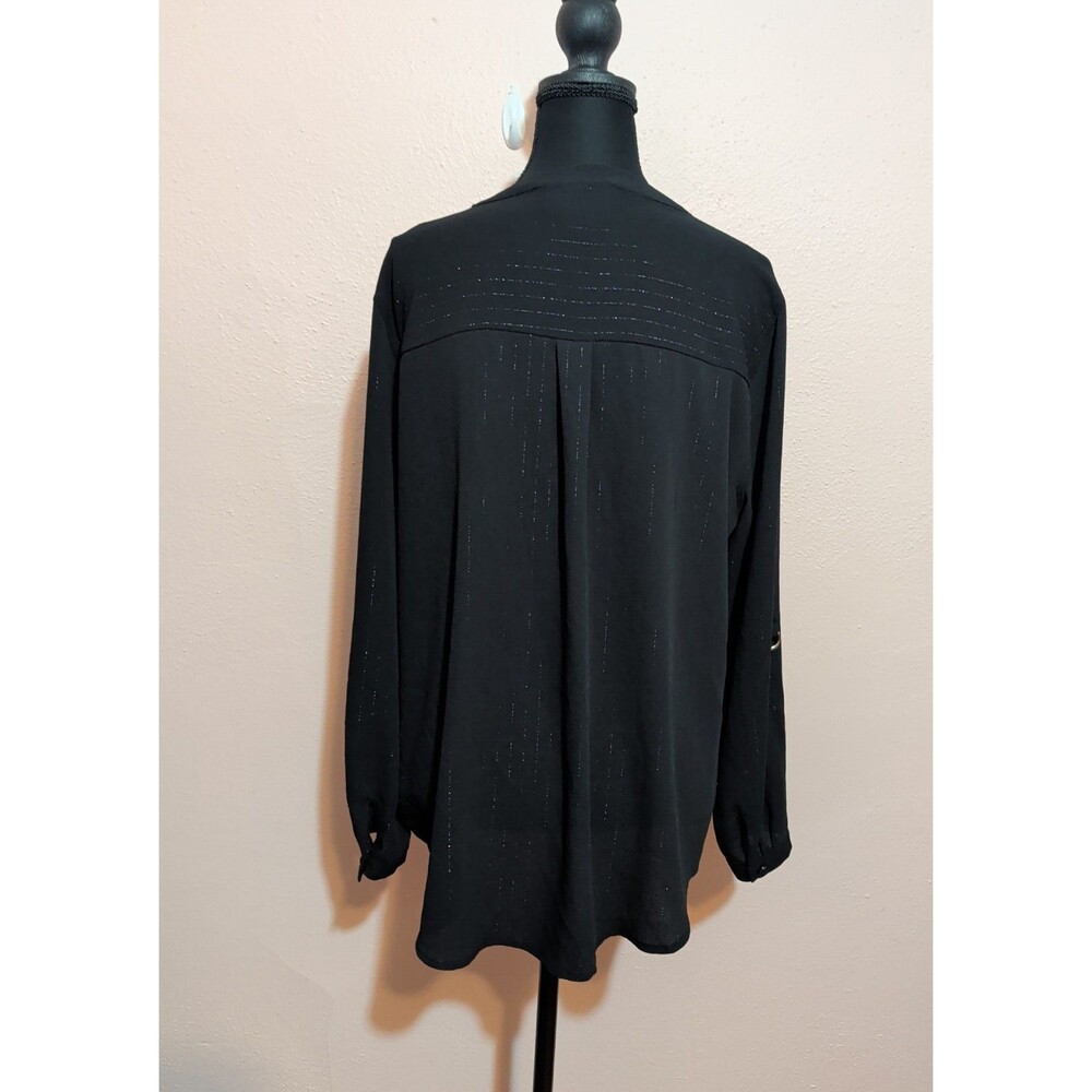 ⭐Jennifer Lopez Large Black Sparkle V Neck Wrap Blouse Long Sleeve Shimmer Top⭐ - Picture 5 of 12